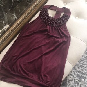 Beaded Halter Neck Sleeveless Top - Wine